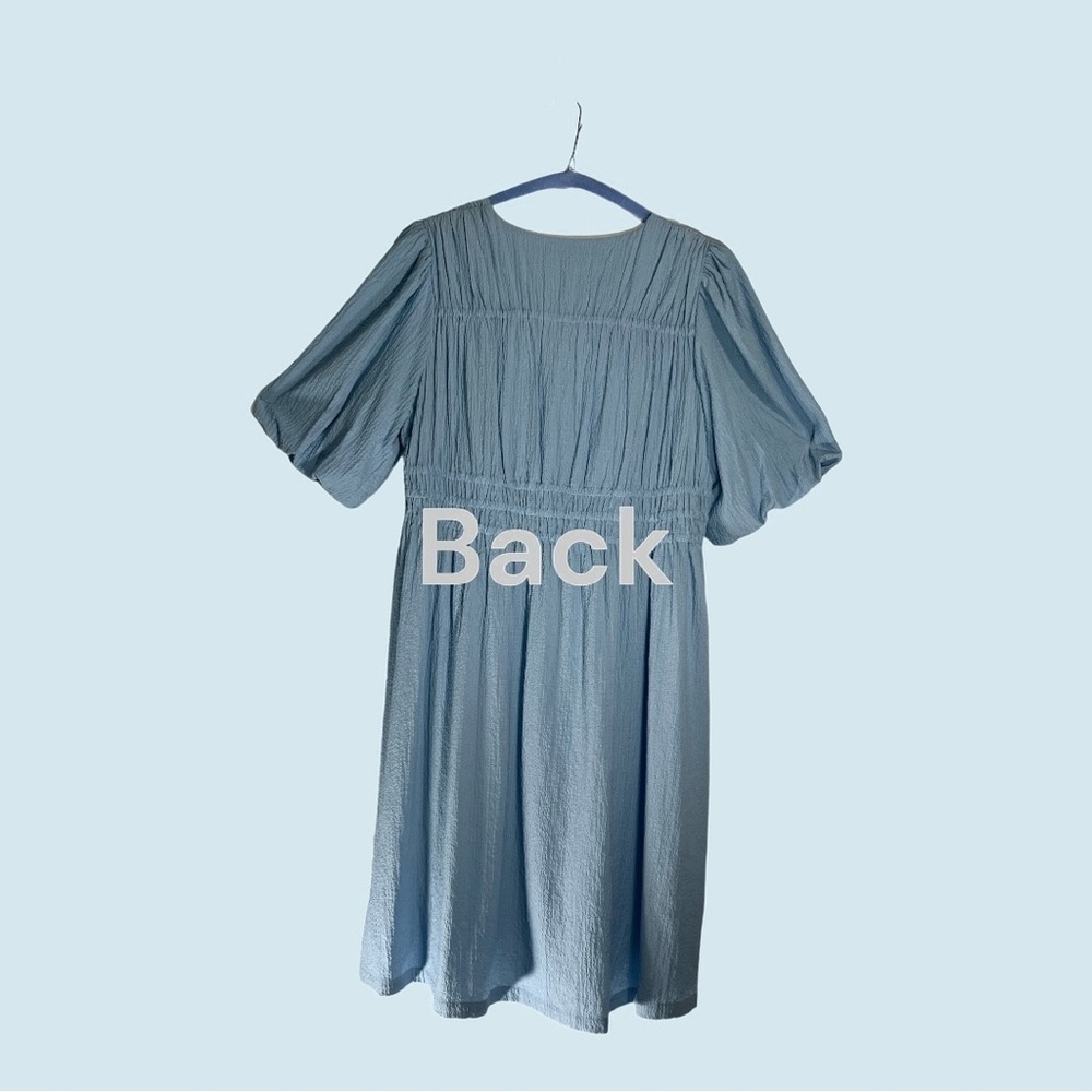 Calvin Klein Crepe V Neck Dress Sky Blue Puffy Sleeves High Waist Size 12 - Picture 3 of 7